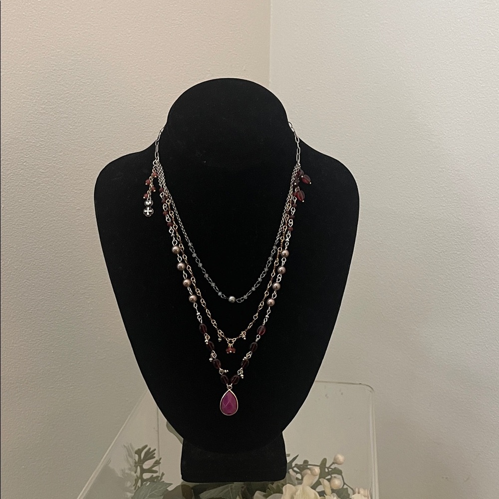 Natural Life Multi-Layered Necklace with Red/Pink Pendant